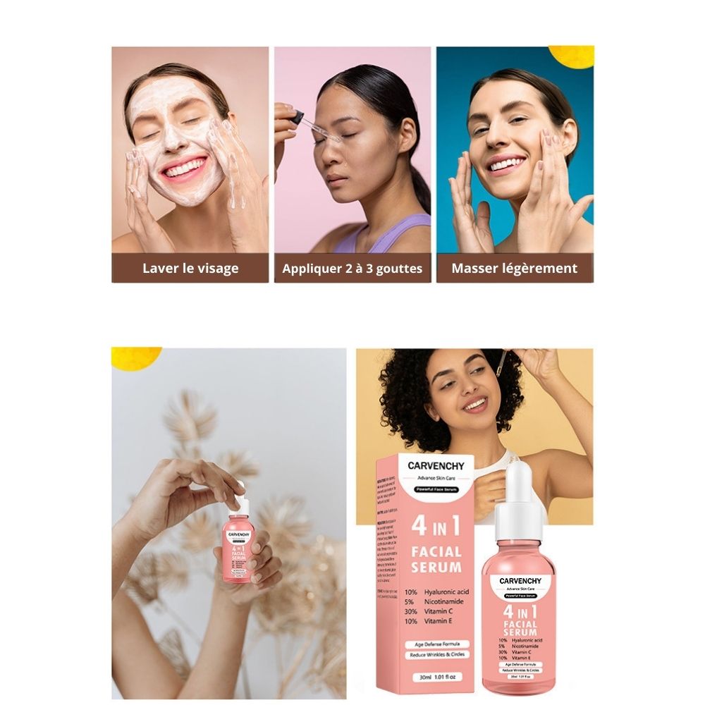 Sérum visage 4 en 1 – Vitamines C & E, Acide Hyaluronique et Nicotinamide