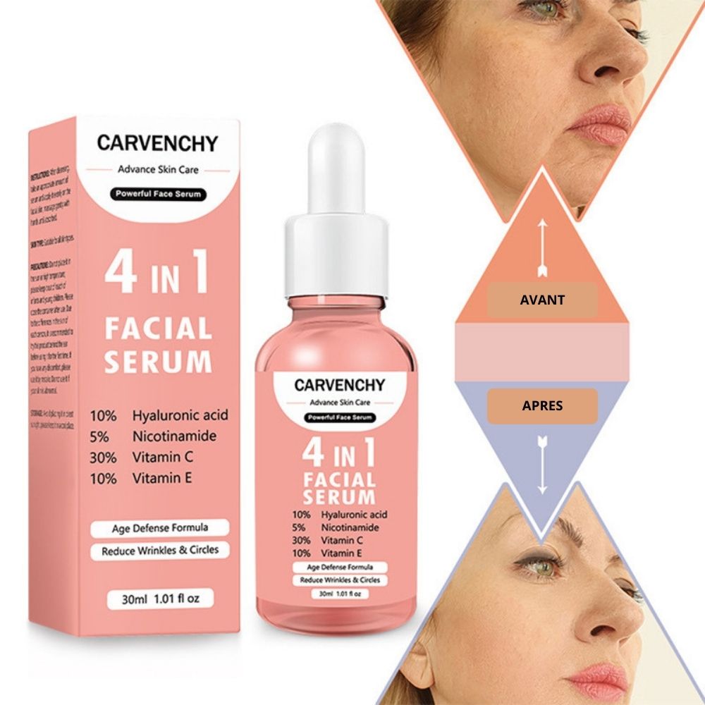 Sérum visage 4 en 1 – Vitamines C & E, Acide Hyaluronique et Nicotinamide