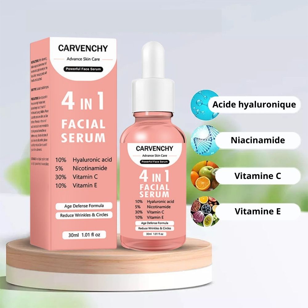 Sérum visage 4 en 1 – Vitamines C & E, Acide Hyaluronique et Nicotinamide