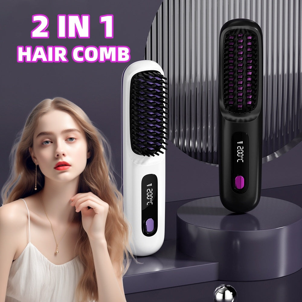 Brosse Lissante & Boucleur 2 en 1 – Sans Fil, Chauffage Rapide, Recharge USB, Portable et Pratique